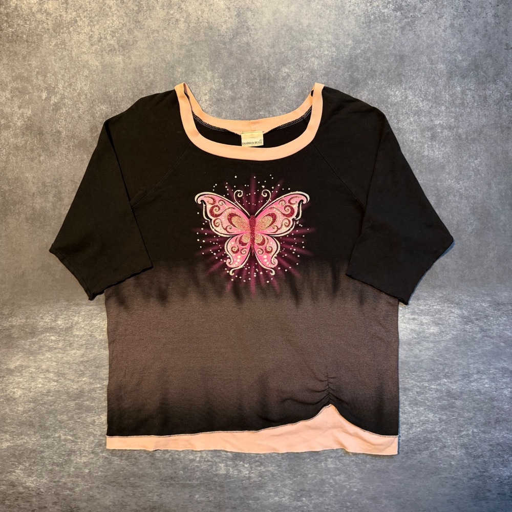 Vtg Fashion Bug Y2K Butterfly Top XL Black Pink Ombre Glitter Fairy Grunge Tee
